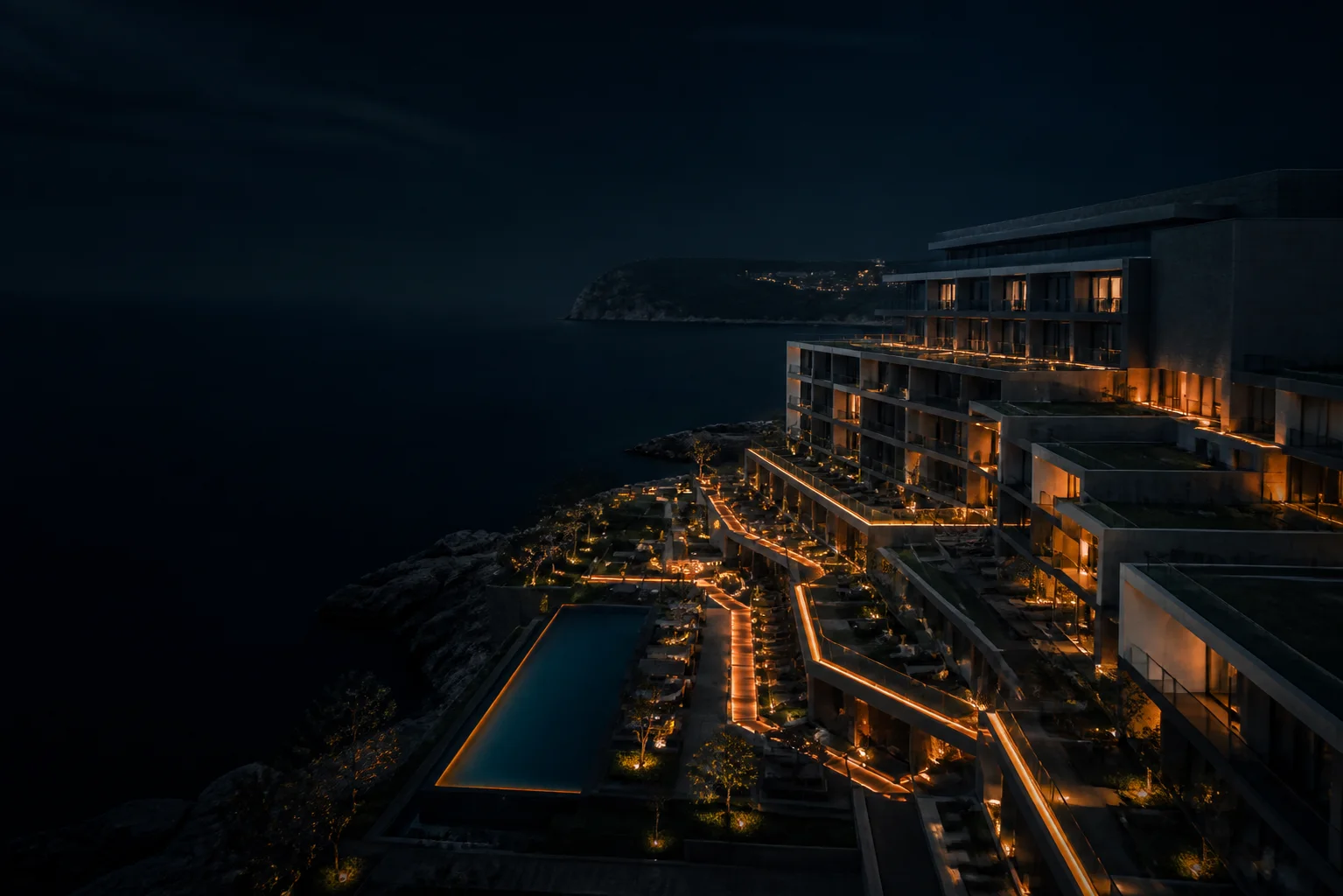 A modern hotel at dusk, representing the property behind the advertising data